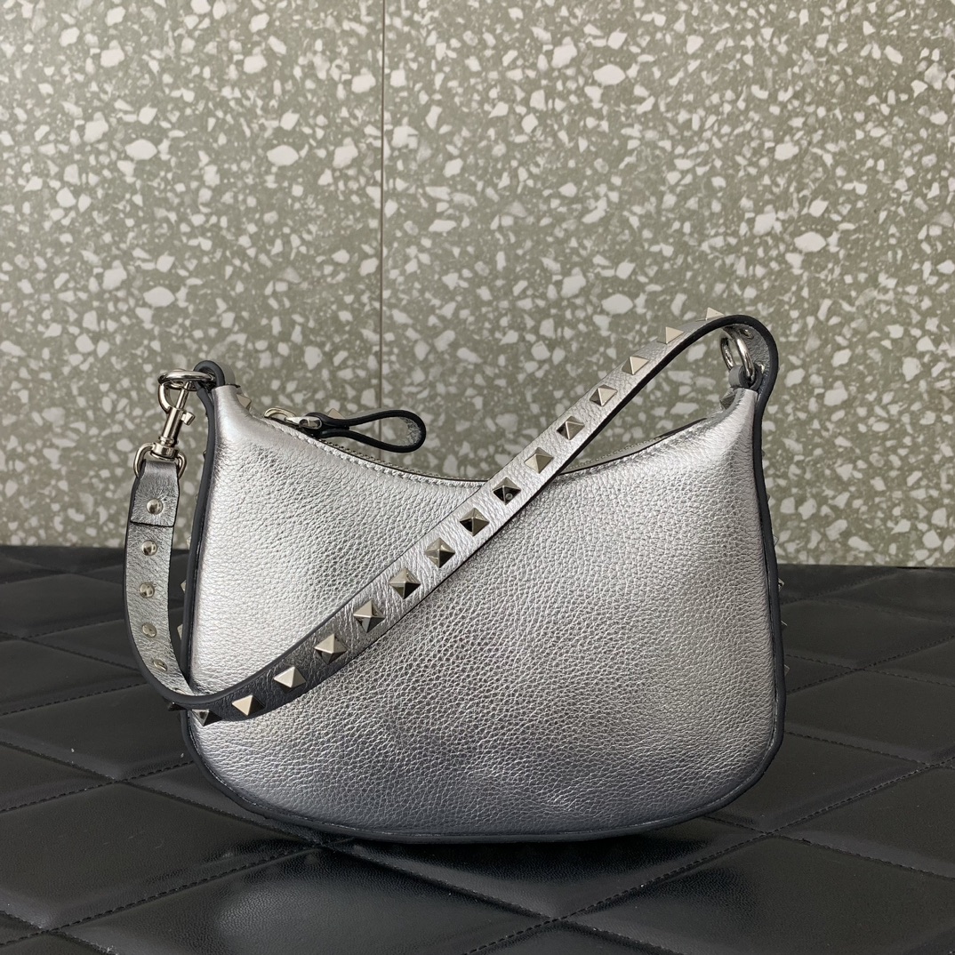 Valentino Garavani Rockstud Mini Hobo Bag in Silver Grainy Calfskin